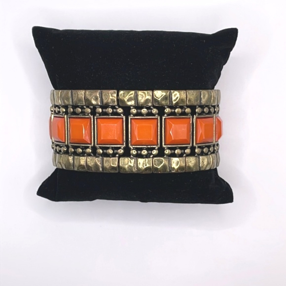Brass  or Antique Gold Tone with Orange Acrylic Squares Stretch Bracelet
